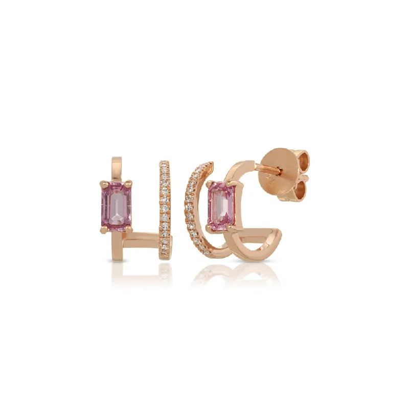 Best hoop earrings with detachable studs for a versatile and adjustable accessory-Hoop earrings with woven metal for a different texture -14K Rose Gold Pink Sapphire and Diamond Pave Split Huggy