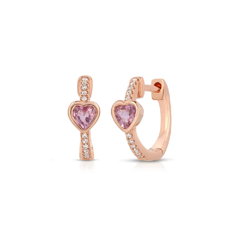 Best hoop earrings with delicate chain details for a trendy and stylish design-Vintage-inspired hoop earrings for a retro look -14K rose gold pink sapphire heart and Diamond pave Huggy