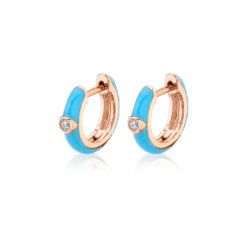 Hoop earrings with oversized designs for a bold, fashion-forward statement-Hoop earrings with gemstone accents -14K Rose Gold Turquoise Enamel and Diamond Huggy