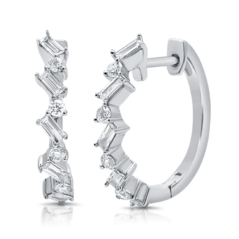 Best hoop earrings with matching bracelets for a coordinated jewelry set-Chunky silver hoop earrings for statement wear -14k WG 2.34 GR HUGGIE EARRINGS 10BAGGETT DIAMONDS 0.32C 8 ROUND DIAMONDS0.15C