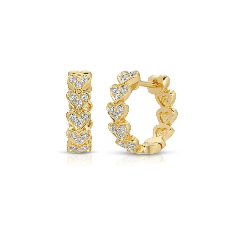 Hoop earrings with floral motifs for a feminine and nature-inspired look-Hoops with pearl drops for a sophisticated look -14K Yellow Gold Diamond Pave Multiple Heart Huggies