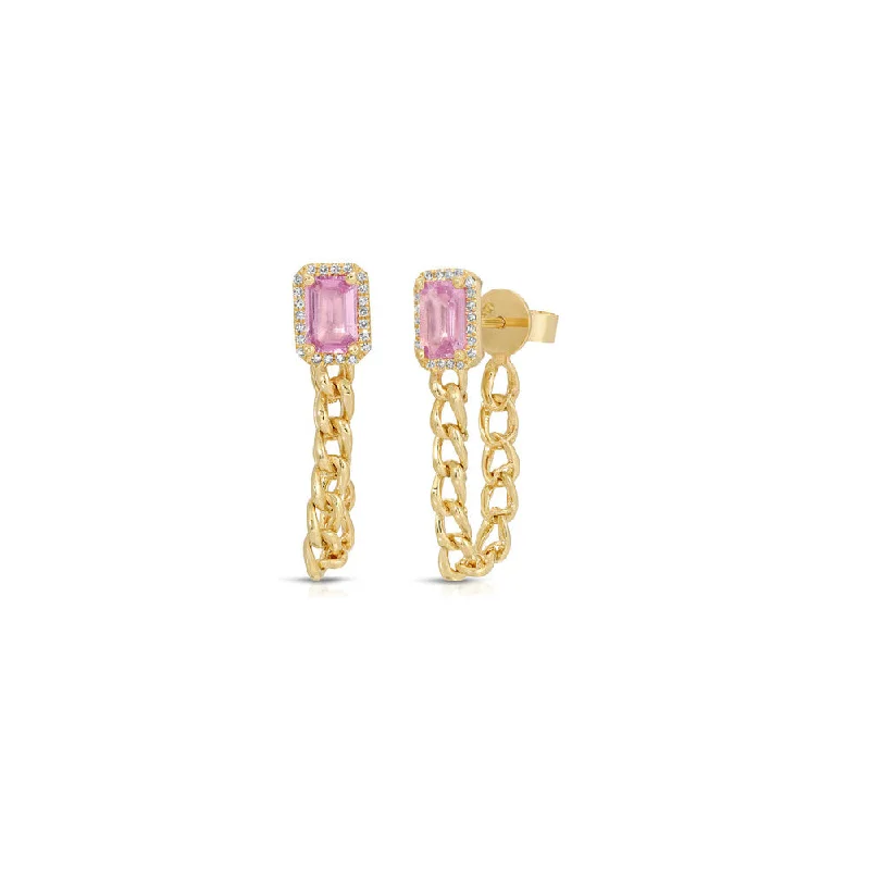 Hoop earrings with infinity loop designs for a continuous and eternal shape-Bold hoop earrings for a standout look -14K Yellow Gold Pink Sapphire and Diamond Pave Chain Link Earring