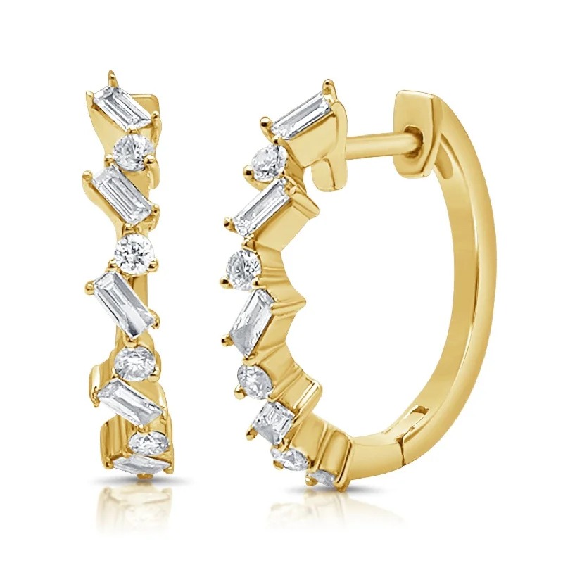 Best hoop earrings with oval shapes for a unique and elongated design-Hoop earrings for a bohemian-inspired outfit -14K YG 2.50GR HUGGIE EARRINGS 10 BAGGETT DIAMONDS 10 0.32 ROUND DIAMONDS 8 0.15