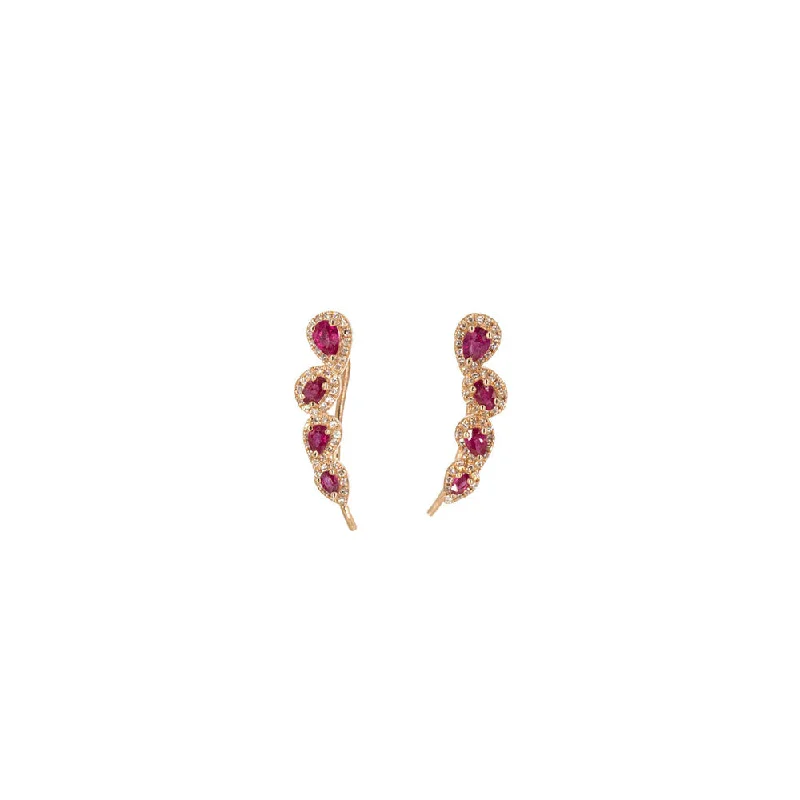 Hoop earrings with oversized designs for a bold, fashion-forward statement-Hoop earrings with gemstone accents -14KT Rose Gold Diamond Pave and Ruby Slice Ear Climbers