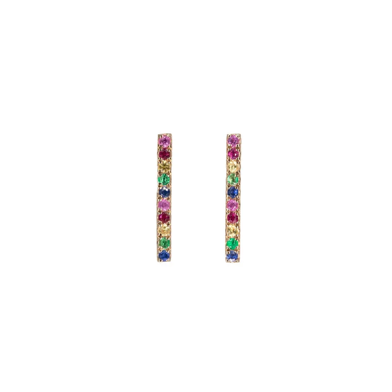 Best hoop earrings with blackened metal for an edgy and bold appearance-Hoop earrings for formal or semi-formal occasions -14KT Rose Gold Rainbow Sapphire Bar Studs