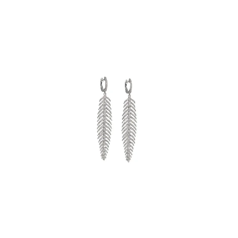 Hoop earrings with faceted crystals for added sparkle and shine-Simple hoop earrings with a matte finish -14KT White Gold Diamond Pave Feather Earrings