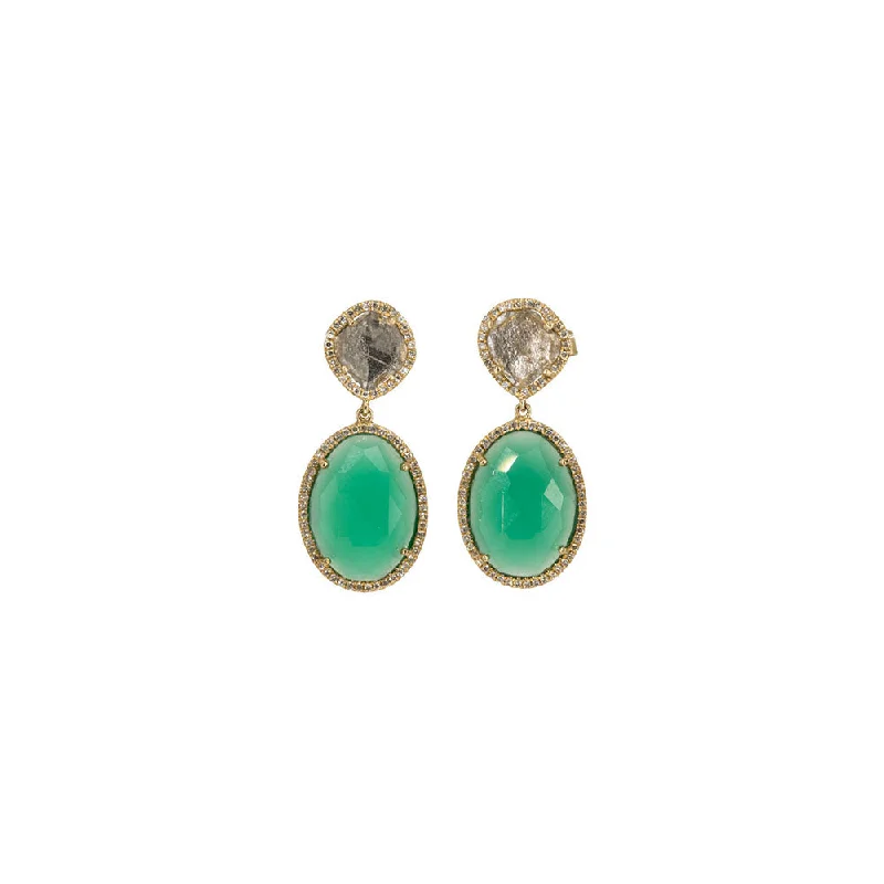 Hoop earrings with dangling charms for a playful and fun look-Small hoop earrings with a twist design -14KT Yellow Gold Diamond Pave, Diamond Slice and Green Onyx Earrings