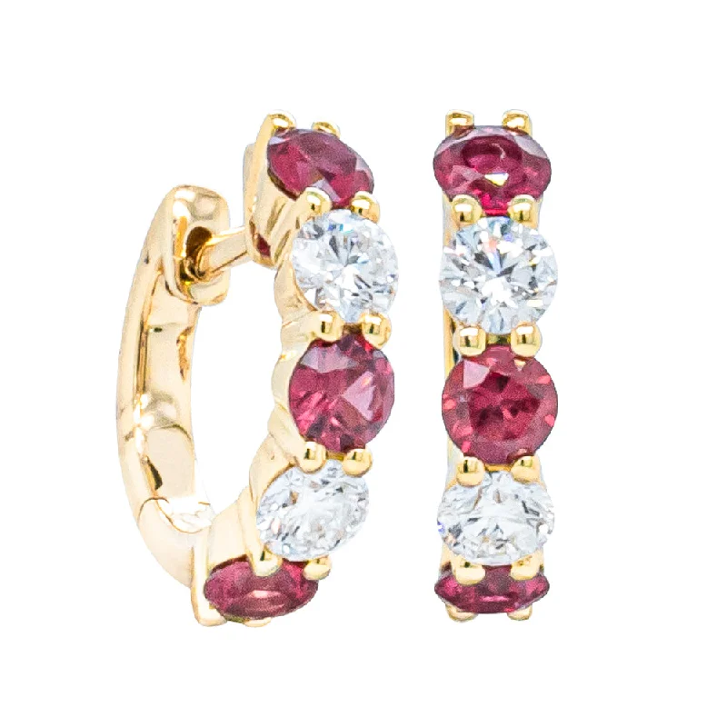 Hoop earrings with removable pendants for a versatile and customizable accessory-Hoop earrings for women with thick hair -18ct Yellow Gold Ruby & Diamond Panorama Hoop Earrings