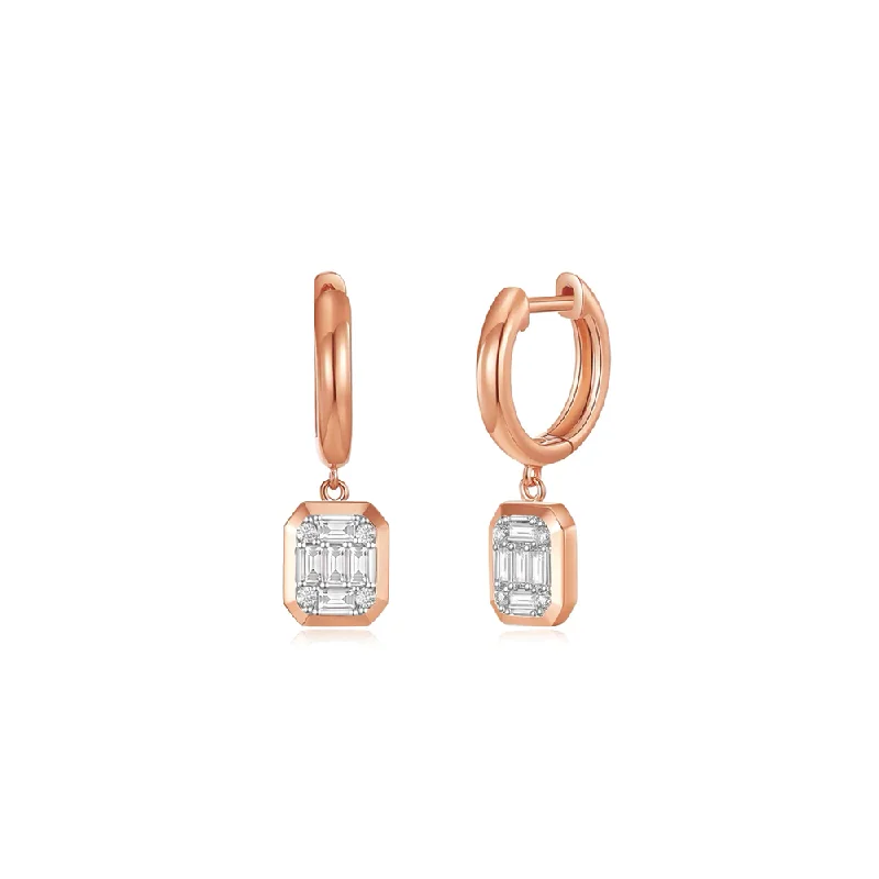 Hoop earrings with floral motifs for a feminine and nature-inspired look-Hoops with pearl drops for a sophisticated look -14K Bezel Baguette Diamond Huggie Earring