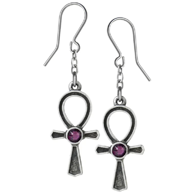 Best hoop earrings with geometric shapes for a modern and artistic appeal-Simple hoop earrings for a polished look -Ankh Of Osiris Amethyst Crystal Earrings by Alchemy Gothic