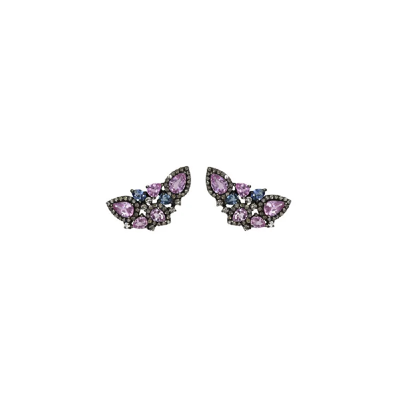 Hoop earrings with diamond-cut surfaces for added sparkle and shine-Classic silver hoop earrings for women -Black Rhodium, Pink Sapphire and Blue Sapphire Diamond Ear Climbers