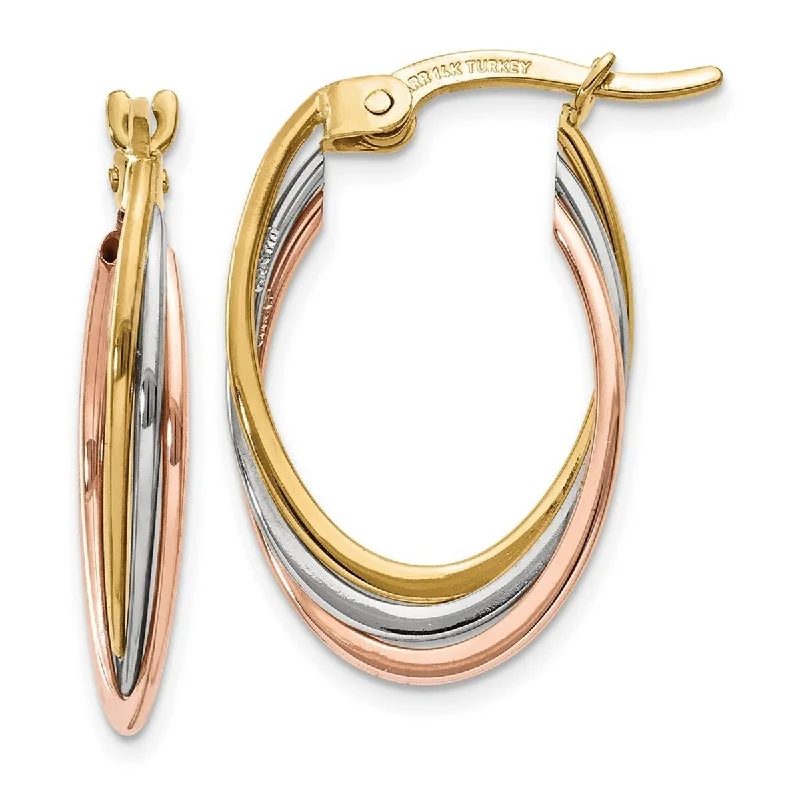 Hoop earrings with hammered copper for a warm and rustic aesthetic-Hoop earrings with geometric patterns for an edgy look -Curata 14k Tri-Color Gold Satin Twisted Hoop Earrings (5mm x 22mm)