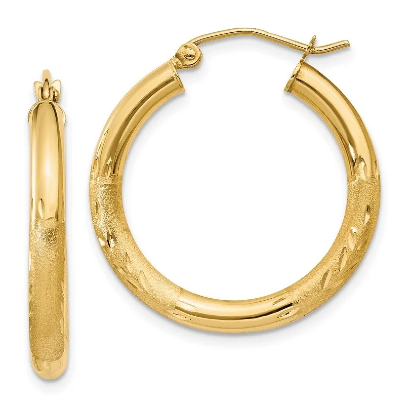 Best hoop earrings with crescent-shaped designs for a bold, moon-inspired style-Silver hoop earrings with colorful accents -Curata 14k Yellow Gold Satin and Sparkle Cut 25x3mm Round Hoop Earrings