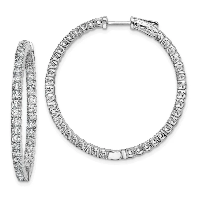 Hoop earrings with a chunky design for a bold and trendy statement-Large hoop earrings for evening wear -Curata 925 Sterling Silver Polished Hinged hoop Safety clasp Rhodium Plated CZ Cubic Zirconia Simulated Diamond In and Out Hoop