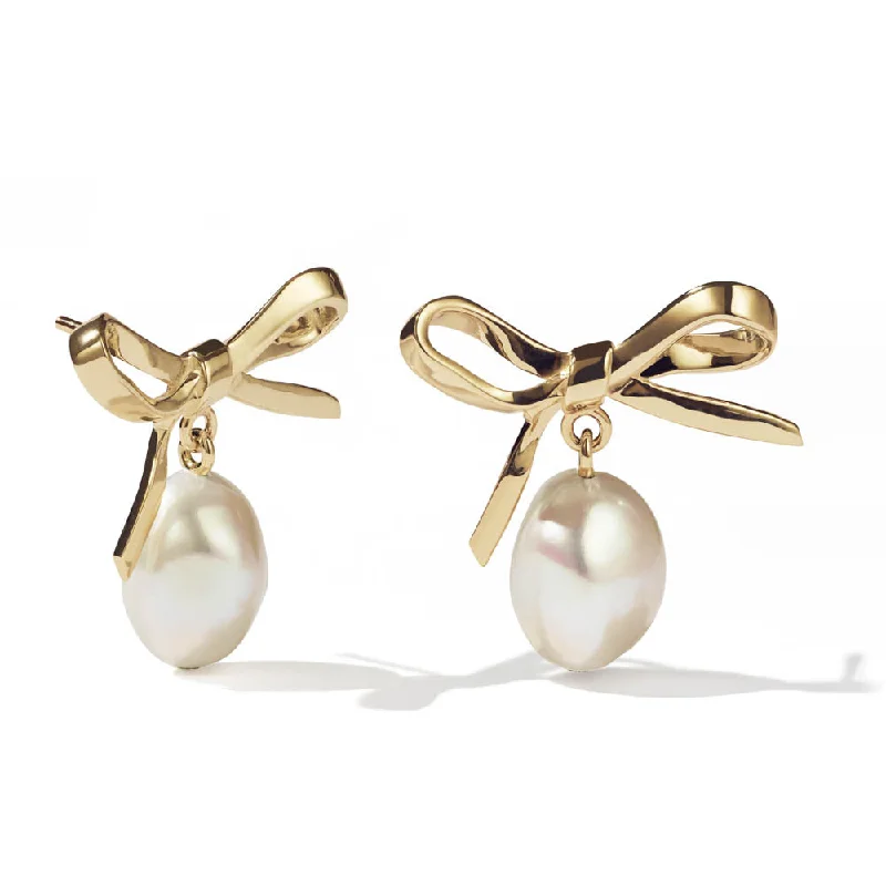 Classic hoop earrings with a thin profile for a sleek and subtle style-Hoop earrings for sensitive ears -Meadowlark Bow Pearl Earrings - Gold Plated