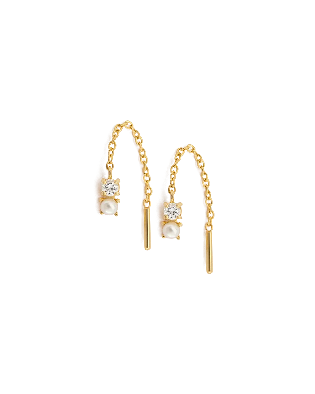 Hoop earrings with multi-tone finishes for a colorful and layered effect-Hoop earrings with dangling features for extra shine -PEARL TOPAZ THREADER (18K GOLD PLATED)