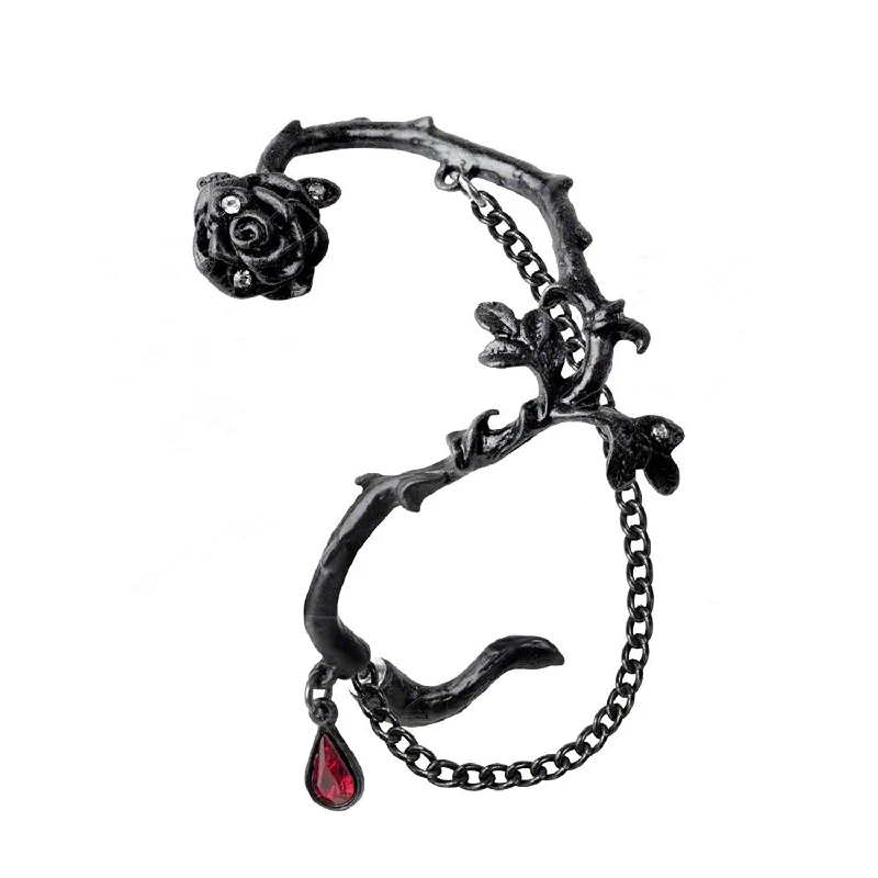 Best hoop earrings with twisted rope designs for a nautical-inspired style-Hoops earrings for a party or night out -Black Rose of Passion Ear Wrap Crystal Alchemy Gothic Earring