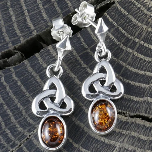 Hoop earrings with a matte black finish for a sleek, edgy vibe-Extra-large hoop earrings for bold fashion -Triquetra Earrings - Silver and Amber