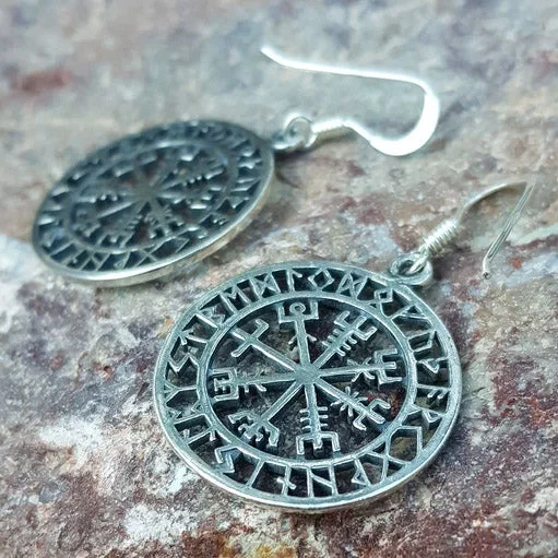 Hoop earrings with luxe velvet finishes for a rich and luxurious touch-Hoop earrings with animal print for a trendy vibe -Vegvisir and Runes Earrings - Sterling Silver